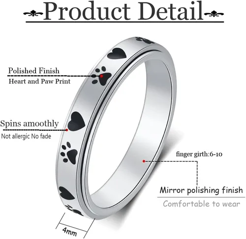 Miniatura 2 de AmorArtSky Anillo giratorio para aliviar la ansiedad: anillo antiestrés con estampado de patas, acero inoxidable de titanio, regalos para amantes
