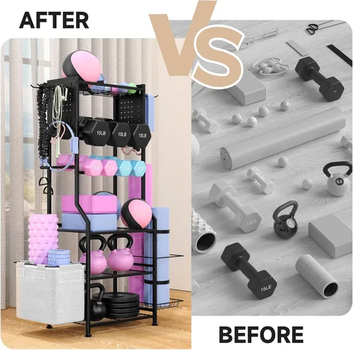 Miniatura 8 de Estante para mancuernas, almacenamiento de gimnasio en casa para pesas rusas, esterilla de yoga y equipo de entrenamiento de fuerza, estante