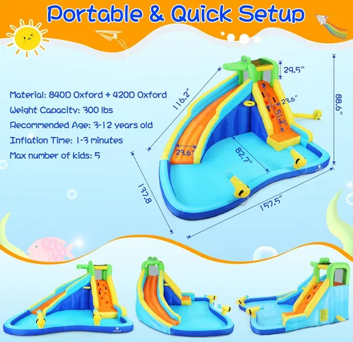 Miniatura 8 de Parque acuático inflable de la casa de la despedida - Diapositiva para niños con soplador de aire, piscina de salpicaduras y diseño de castillo