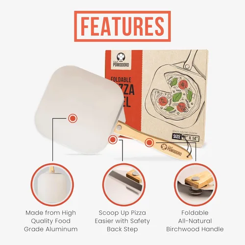 Miniatura 3 de Pomodoro pala para pizza de aluminio con asa de madera plegable para guardar fácilmente, de 12" x 14", para cocinar pan y pizzas en el hogar
