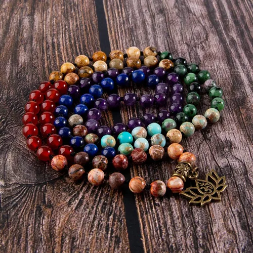 Miniatura 8 de Bivei 7 Chakra 108 Mala Beads Bracelet Real Gemstone Yoga Meditation Hand Knotted Mala Prayer Bead Necklace