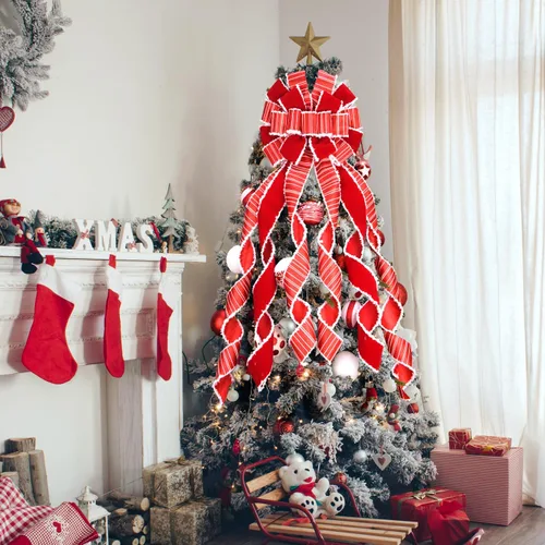 Miniatura 6 de Adorno de lazo grande para punta de árbol de Navidad y corona, lazo con cinta roja de arpillera y borde blanco de poliéster, para hogar, Acción