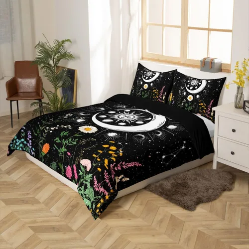 Miniatura 2 de Feelyou Juego de ropa de cama con diseño de galaxia de sol y luna para niñas, tamaño individual, constelaciones, juego de funda de edredón