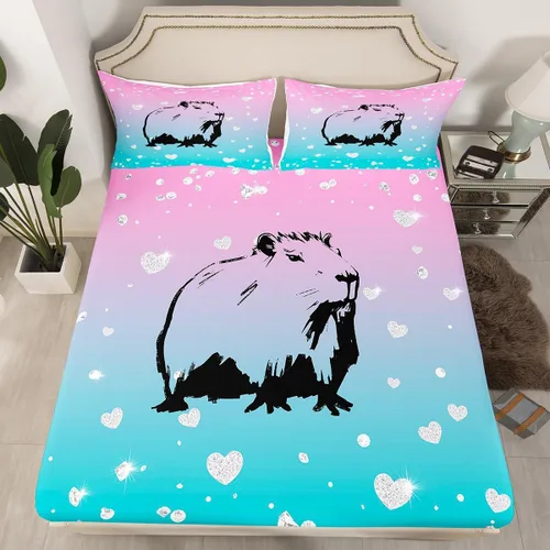 Miniatura 15 de Sábana bajera ajustable de Capybara de dibujos animados tamaño individual para niños, bonito juego de cama de Capybaras marrón para niños y niñas
