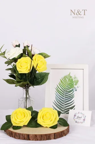 Miniatura 439 de N&T NIETING Flores artificiales, rosas artificiales de color rosa intenso, 50 piezas de flores falsas con tallo para ramos de boda DIY, centros