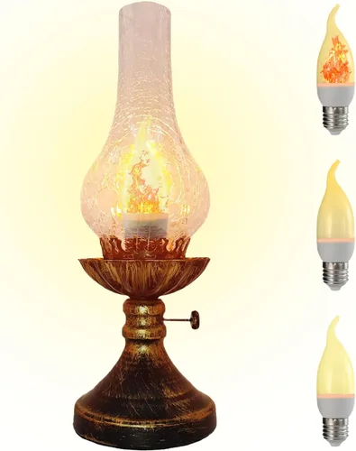 Lámpara de mesa vintage – 3 modos regulables retro rústica lámpara de escritorio con pantalla de cristal agrietado, estilo victoriano antiguo, dorado