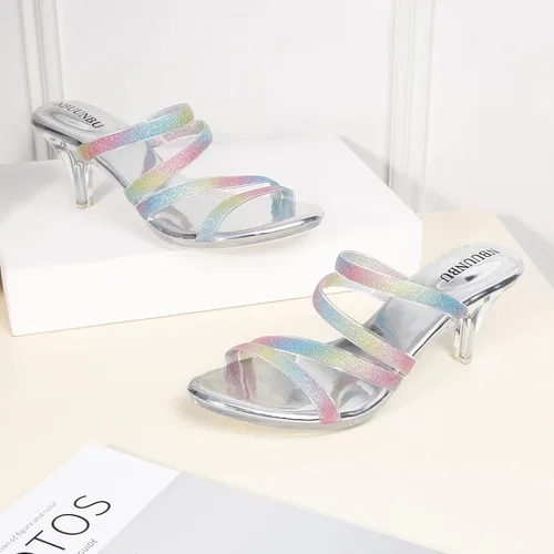Miniatura 8 de NBUUNBU Tacones transparentes para mujer, tacones negros plateados, con plataforma pequeña, sandalias de tacón alto sexy, sandalias de tacón