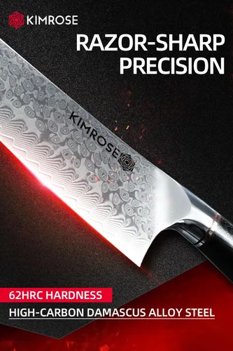 Miniatura 2 de KIMROSE Cuchillo de chef de Damasco, 8 pulgadas, acero de aleación de alto carbono, mango G10, funda magnética, cuchillo de cocina afilado