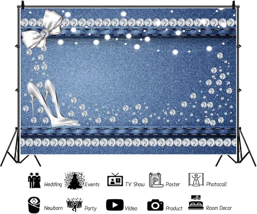 Miniatura 3 de AOFOTO Telón de fondo azul de mezclilla y diamantes de 5 x 3 pies con purpurina y tacones de cristal con lazo, fondo de fotografía para mujeres