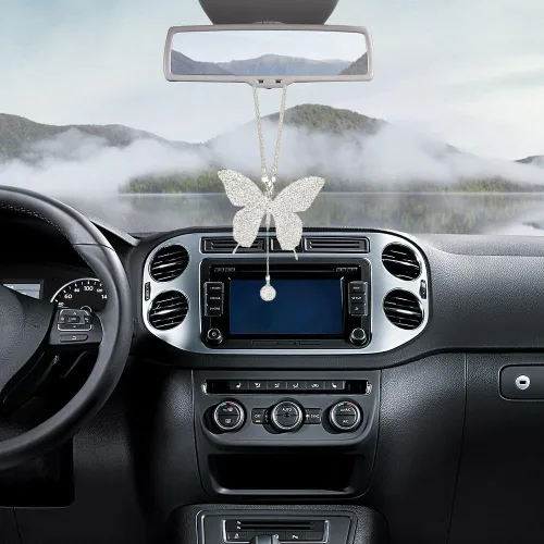 Miniatura 4 de MiOYOOW Adorno colgante de mariposa para automóvil, accesorio de espejo retrovisor con diamantes de imitación, ajuste universal, adorno colgante