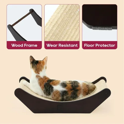Miniatura 4 de Zakkart Hamaca rascador de sisal para gatos, rascador 2 en 1 para gatos y cama de descanso, tapete de sisal 100% natural, marco de madera maciza