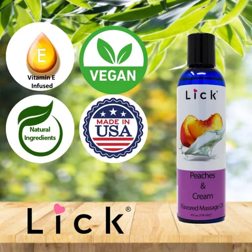 Miniatura 7 de Lick Aceite de masaje con sabor a duraznos y crema, aceite de masaje comestible inspirado en postres dulces con vitamina E, deslizamiento suave