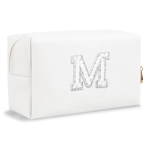 Miniatura 15 de Pequeña bolsa de maquillaje personalizada con inicial A-Z Preppy Patch, bolsa de cosméticos de viaje de felpilla blanca con cremallera, bonita bolsa