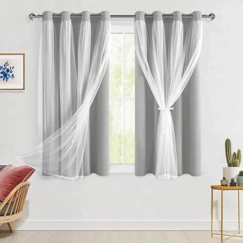 Miniatura 116 de Hiasan Cortinas opacas con superposición transparente, aislamiento térmico para mezclar y combinar de doble capa, cortinas de oscurecimiento de Beige