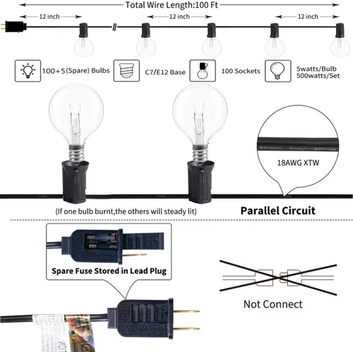 Miniatura 2 de SUNSGNE Guirnalda de luces de patio G40 impermeable de 100 pies para exteriores con 105 bombillas Edison transparentes, luces de globo para 24.9 ft