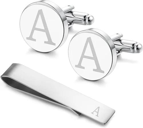 LOYALLOOK - Gemelos de acero inoxidable grabados con inicial y clip de corbata, diseño de letras del alfabeto con caja de regalo, A-Z, acero