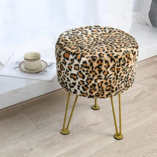 Miniatura 5 de Otomana Redonda con Estampado de Leopardo 13"x13"x17" Piel Sintética Banco de Entrada Reposapiés Taburete Asiento de Acento Guepardo Otomana Peluda