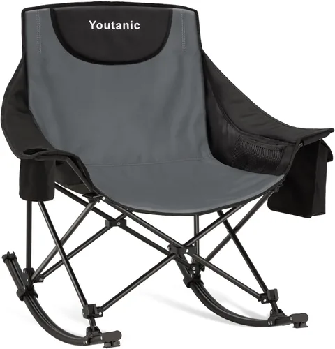 Miniatura 10 de Youtanic Mecedora plegable de gran tamaño, silla mecedora portátil acolchada con bolsillos, portavasos y bolsa de transporte, silla de patio Azul