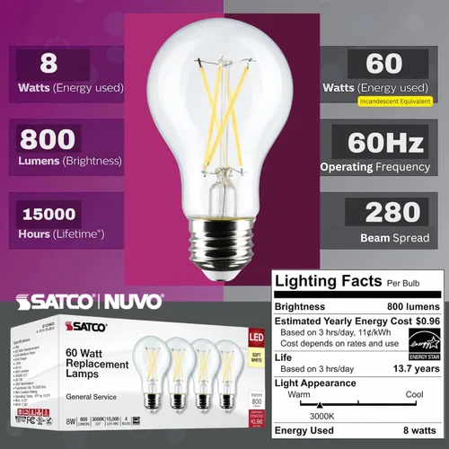 Miniatura 6 de Satco S12463 - Bombillas LED de 8 W, 120 V, 3000 K, color blanco suave, 800 lúmenes, regulables, 2 paquetes de 4 (8 bombillas en total)