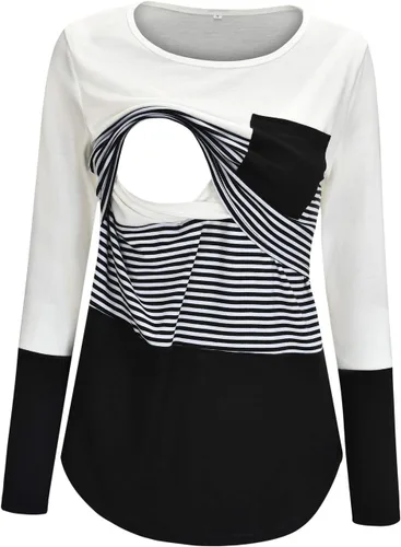 Miniatura 30 de Bhome Camiseta de lactancia con bloque de color de manga corta para lactancia materna camisa de embarazo con bolsillo