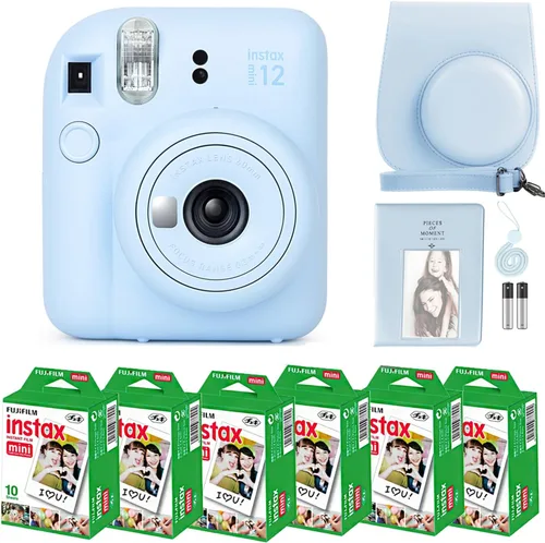 Cámara instantánea Fujifilm Instax Mini 12 color azul pastel y paquete Fuji Film (60 hojas) con accesorios Tiger resistentes, estuche de transporte,