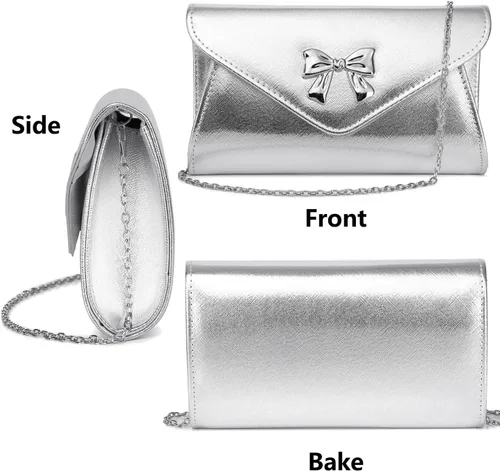 Miniatura 7 de Gurina Bolso de mano de noche con detalle de lazo, elegante bolsa de fiesta de piel sintética brillante con cadena desmontable para boda y baile