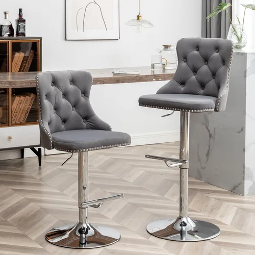 Cinxzar Juego de 2 taburetes de bar de terciopelo, taburetes de bar giratorios de altura de mostrador con ribete de cabezas de clavos y botón, Gris