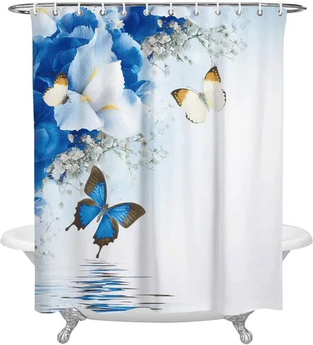 Cortina de ducha – Cortina de ducha con diseño de flores de lirio, mariposa, superficie de agua, cortina de baño decorativa de tela de poliéster