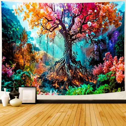 Miniatura 10 de Delur Tapiz de Bosque Árbol de la Vida Tapiz de Selva Tropical Colgante de Pared Paisaje Natural Colorido Místico Psicodélico Espiritual Cabecero