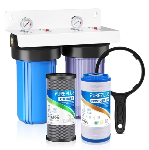 PUREPLUS Sistema de filtración de agua de 2 etapas para toda la casa, carcasa transparente universal de 10 pulgadas, reduce los sedimentos,
