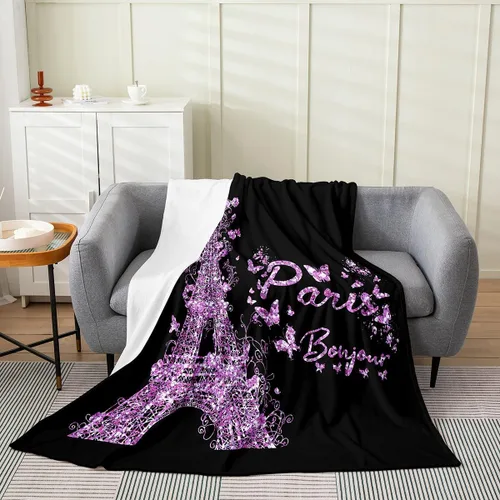 Miniatura 16 de Feelyou Manta de felpa de la Torre Eiffel con purpurina, color azul, morado, pastel, para todas las estaciones, manta de cama para niños, manta