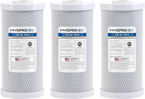 Hydronix HX-CB-45-1010/3 Filtro de agua de bloque de carbón activado por coco Nsf para toda la casa, 4.5 x 10 pulgadas, micrón, paquete de 3