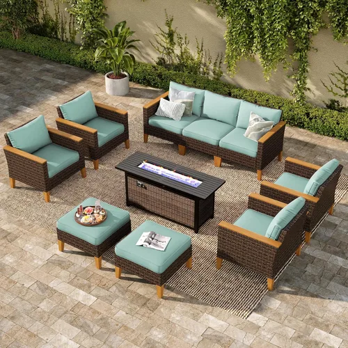 Miniatura 39 de PHI VILLA Otomana de mimbre para patio, 2 piezas, asiento otomano de mimbre para todo tipo de clima, reposapiés para exteriores con cojines