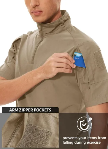 Miniatura 29 de MAGCOMSEN Camisas militares tácticas para hombre con cremallera de 1/4, manga corta, ajustada, camisa de camuflaje