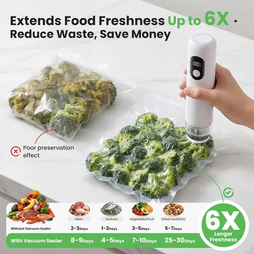 Miniatura 8 de Máquina compacta selladora al vacío con batería de 1500 mAh, sellador de alimentos de mano con 30 bolsas reutilizables, succión de 60 kPa y carga