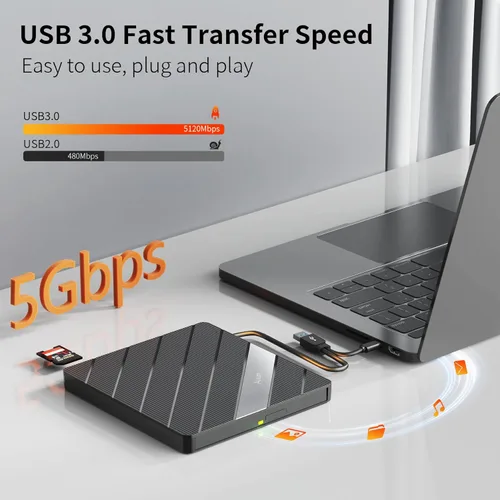 Miniatura 2 de Alxum Unidad externa de CD y DVD para portátil, 8 en 1, grabadora regrabadora de CD y DVD portátil con múltiples puertos, compatible con velocidad