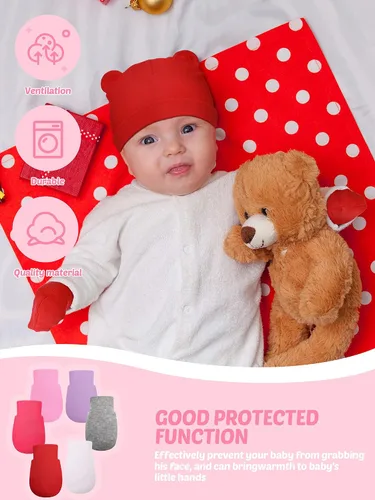 Miniatura 7 de Geyoga Juego de 12 guantes para recién nacido, gorro de algodón para bebés de 0 a 12 meses