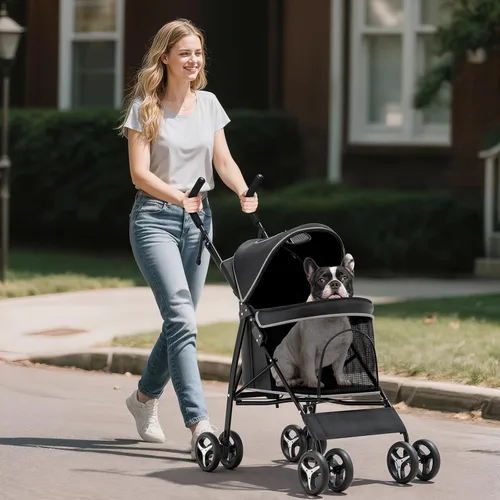 Miniatura 4 de Cochecito para mascotas para perros y gatos pequeños, 10-22 libras, almacenamiento trasero, negro