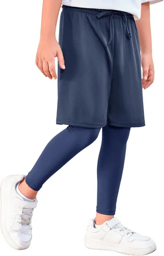 Miniatura 5 de Haloumoning Leggings deportivos para niños con pantalones cortos 2 en 1 para correr, entrenamiento, pantalones deportivos de 5 a 14 años