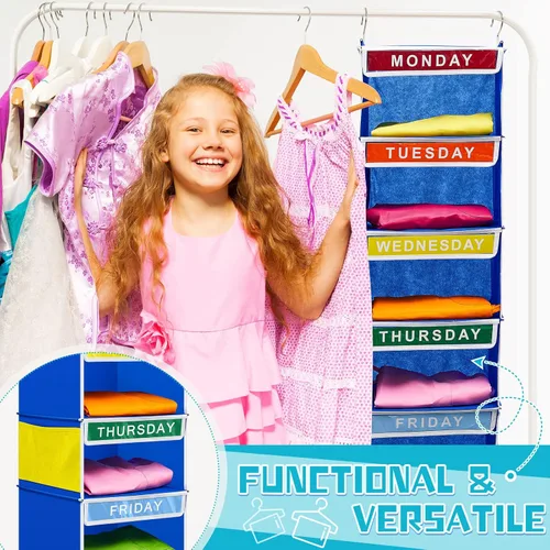Miniatura 5 de Amylove Organizador semanal de ropa para niños, 2 piezas, con 7 estantes, organizador colgante de armario de 11.8 x 11.8 x 50 pulgadas, actividades