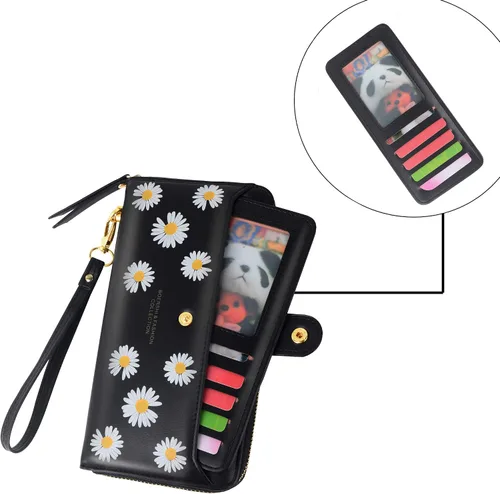 Miniatura 5 de Cartera de cuero para mujer, con bloqueo RFID, bolsillo con cremallera, tarjetero con ventana de identificación