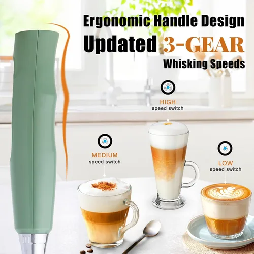 Miniatura 3 de Nahida Espumador de leche verde granito para café, espumador de mano recargable batidor eléctrico con 3 cabezales, 3 velocidades, mezclador