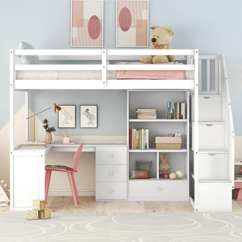 Miniatura 10 de Cama tipo loft de tamaño individual con escritorio en forma de L y 3 cajones, marco de cama de madera con escalera y armario de almacenamiento