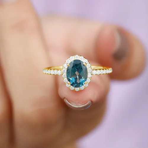 Miniatura 14 de Anillo de compromiso de topacio azul natural de Londres de 0.236 x 0.315 in, calidad AAA, anillo solitario de diamante de topacio azul, listo