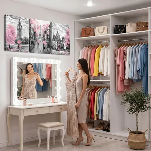 Miniatura 3 de Lienzo de pared en blanco y negro para sala de estar, dormitorio, baño, niñas, rosa, temática de París, decoración de habitación, impresión de Rosa