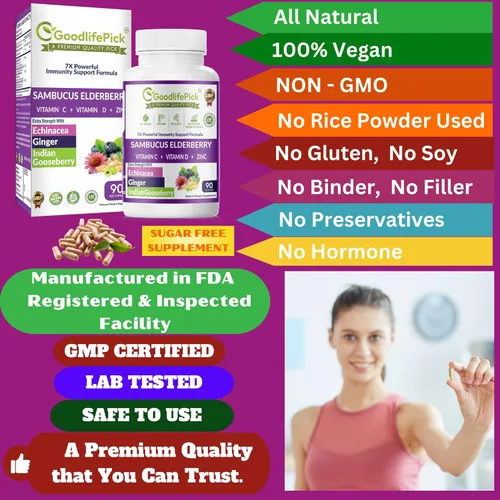 Miniatura 6 de 7 veces saúco con zinc, vitamina C, vitamina D, equinácea, jengibre y grosella espinosa india (Amla). Cápsulas de saúco prémium de 90