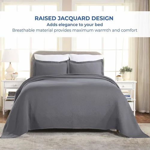 Miniatura 8 de Colcha Superior 100% algodón con diseño de tejido de cesta y fundas, ropa de cama de algodón de primera calidad para todas las estaciones con Gris