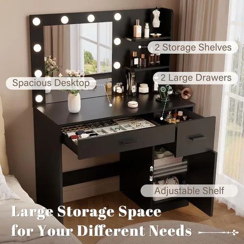 Miniatura 8 de YESHOMY Escritorio de tocador con espejo, 10 luces, toma de corriente y 3 estantes de almacenamiento, mesa de maquillaje con 2 cajones y 1 gabinete