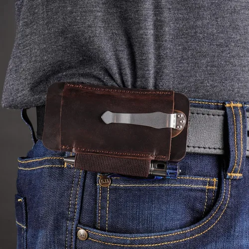 Miniatura 2 de Funda de cuchillo de cuero VIPERADE PJ33 para cinturón, funda de navaja de bolsillo horizontal con soporte elástico para bolígrafos, funda de Marrón