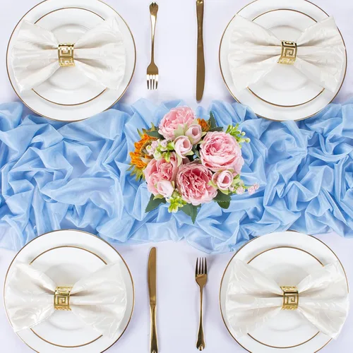 Miniatura 4 de Camino de mesa de gasa azul bebé de 30 x 120 pulgadas, camino de mesa boho de gasa de 10 pies para decoración de boda, camino de mesa rústico de 120
